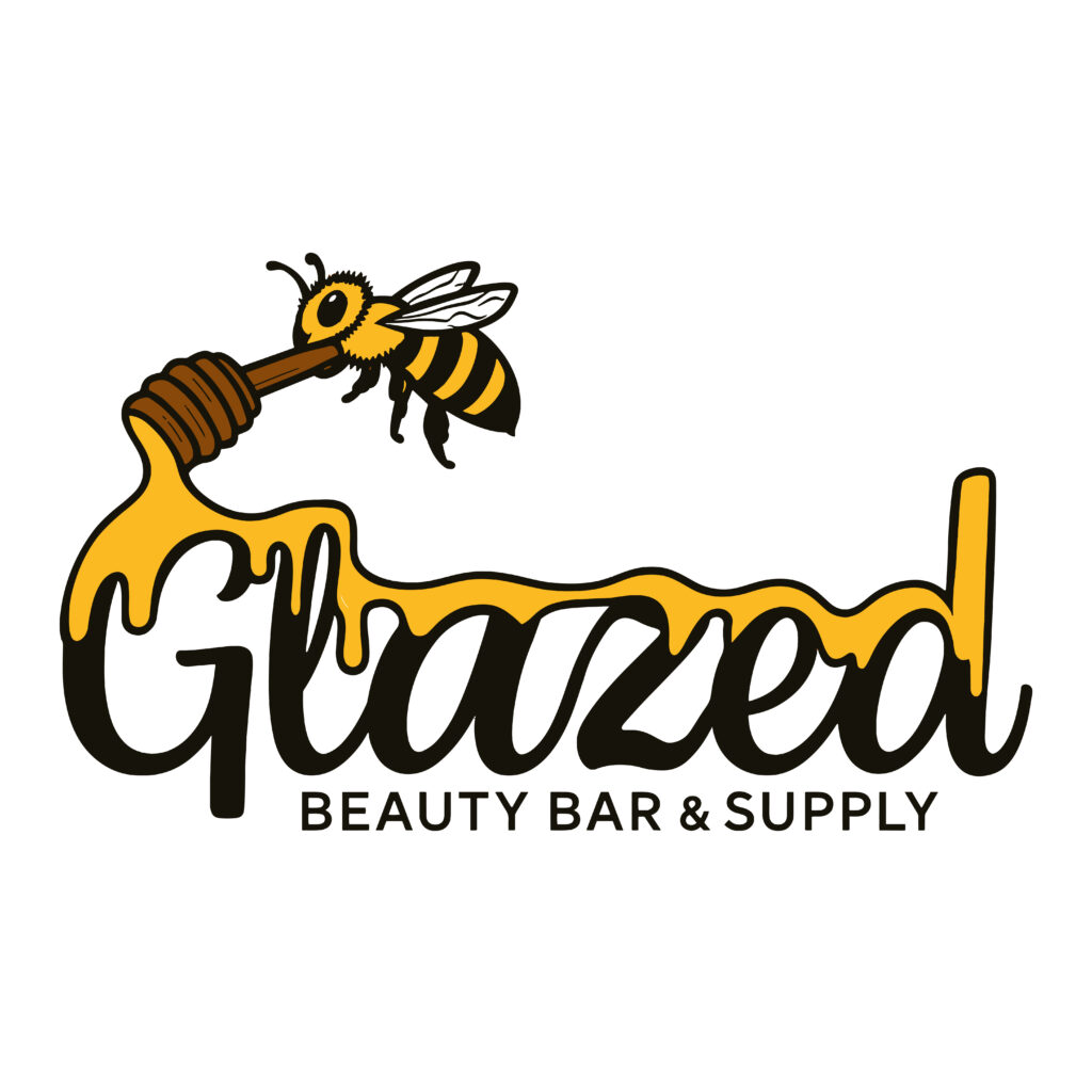 Rusk Glazed Beauty Bar and Supply logo shows the word Glazed with honey dripping from a bee atop the word glazing the word in honey